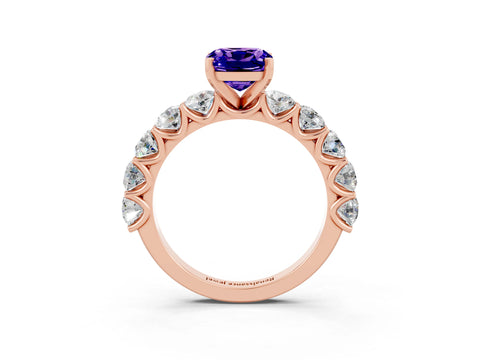 Rose gold Cushion Cut Tanzanite Prong Setting with Side Stones on a Pave Band_3