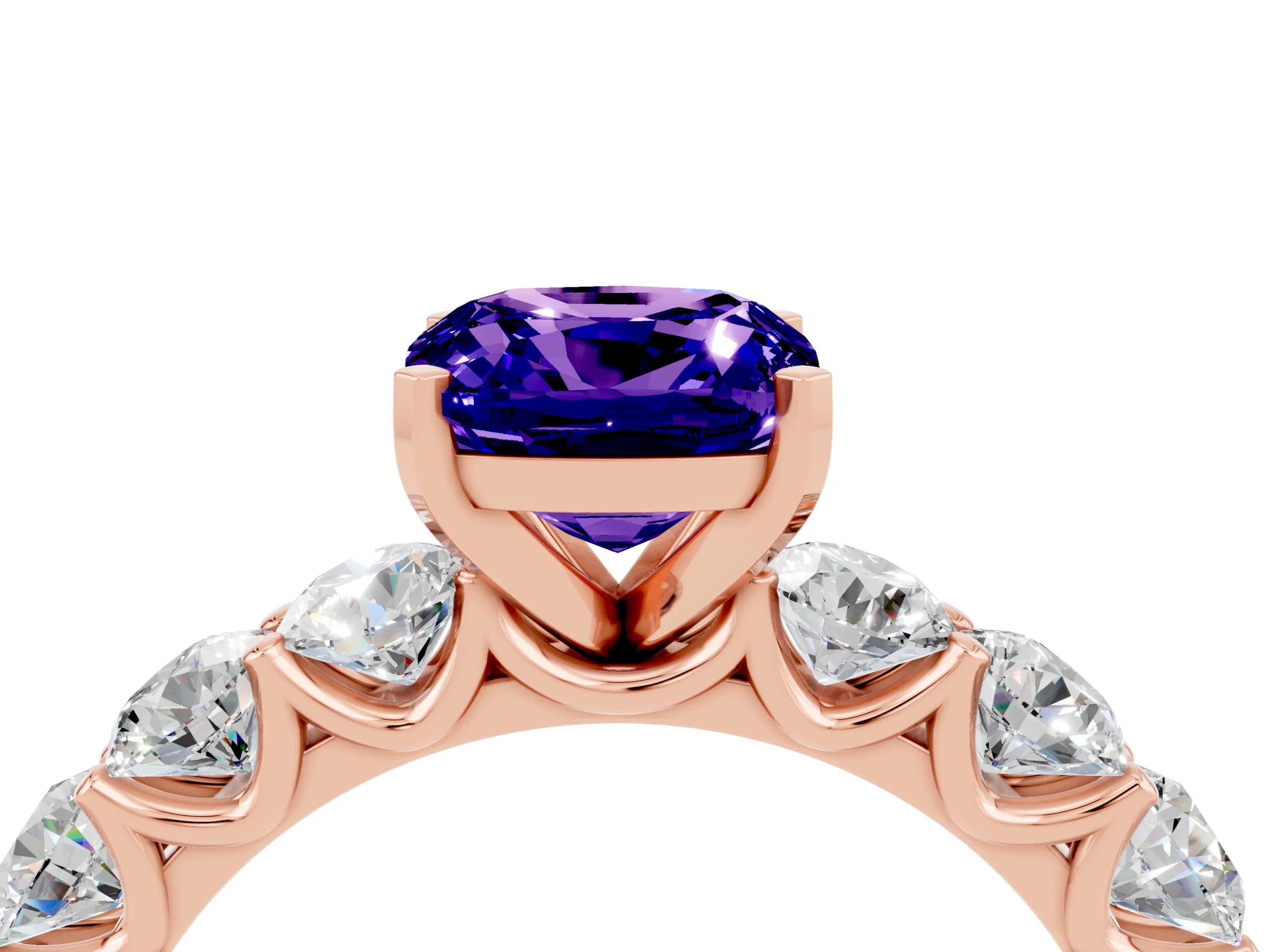 Rose gold Cushion Cut Tanzanite Prong Setting with Side Stones on a Pave Band_4