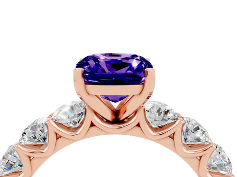 Rose gold Cushion Cut Tanzanite Prong Setting with Side Stones on a Pave Band_4