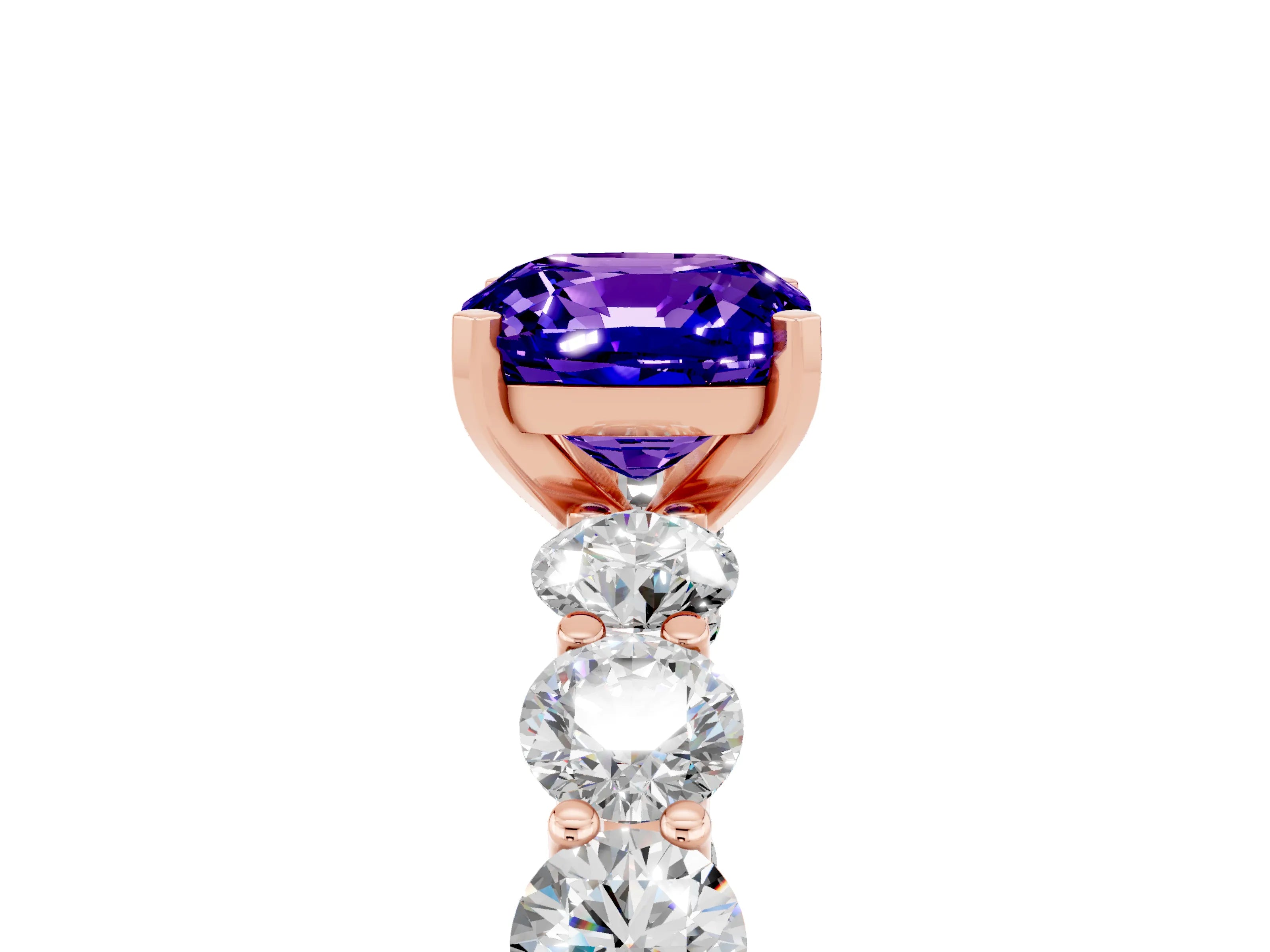 Rose gold Cushion Cut Tanzanite Prong Setting with Side Stones on a Pave Band_5