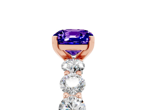 Rose gold Cushion Cut Tanzanite Prong Setting with Side Stones on a Pave Band_5