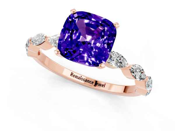 Rose gold Cushion Cut Tanzanite Ring with Marquise Side Stones and Prong Setting