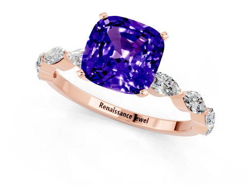 Rose gold Cushion Cut Tanzanite Ring with Marquise Side Stones and Prong Setting_1