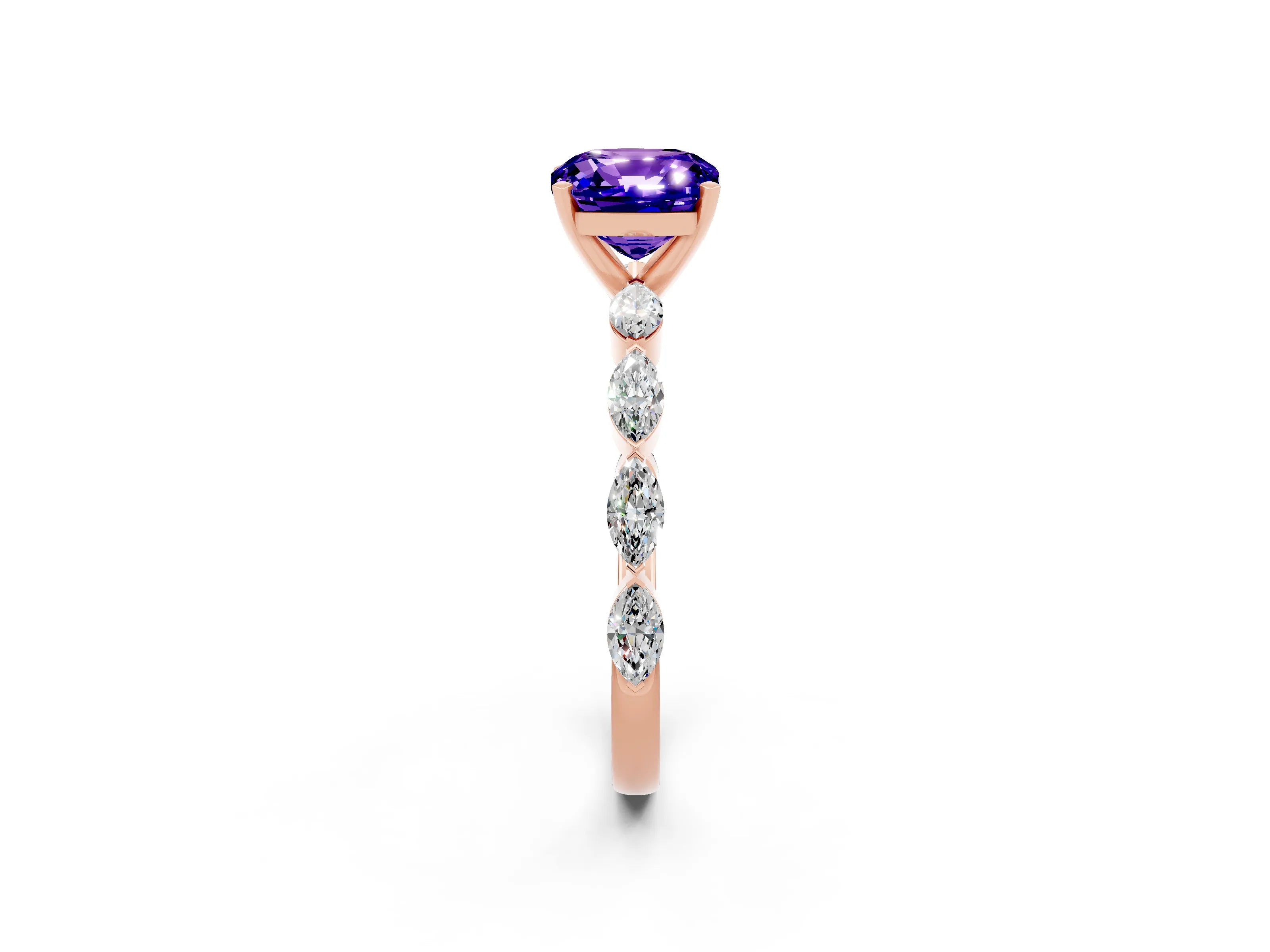 Rose gold Cushion Cut Tanzanite Ring with Marquise Side Stones and Prong Setting_2