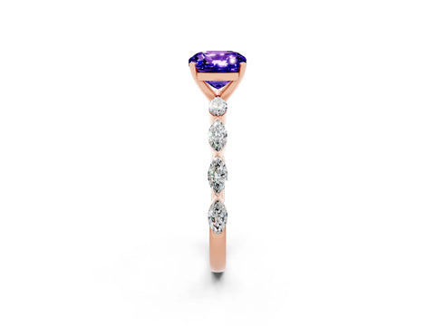 Rose gold Cushion Cut Tanzanite Ring with Marquise Side Stones and Prong Setting_2