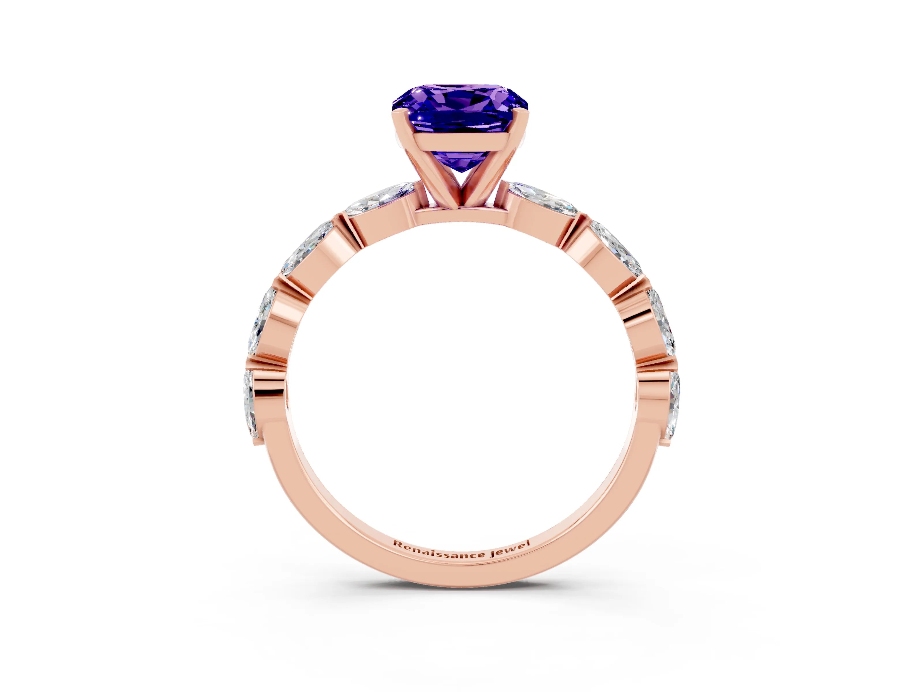 Rose gold Cushion Cut Tanzanite Ring with Marquise Side Stones and Prong Setting_3