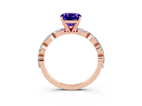 Rose gold Cushion Cut Tanzanite Ring with Marquise Side Stones and Prong Setting_3