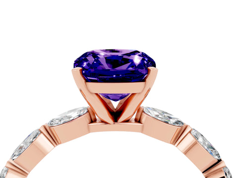 Rose gold Cushion Cut Tanzanite Ring with Marquise Side Stones and Prong Setting_4