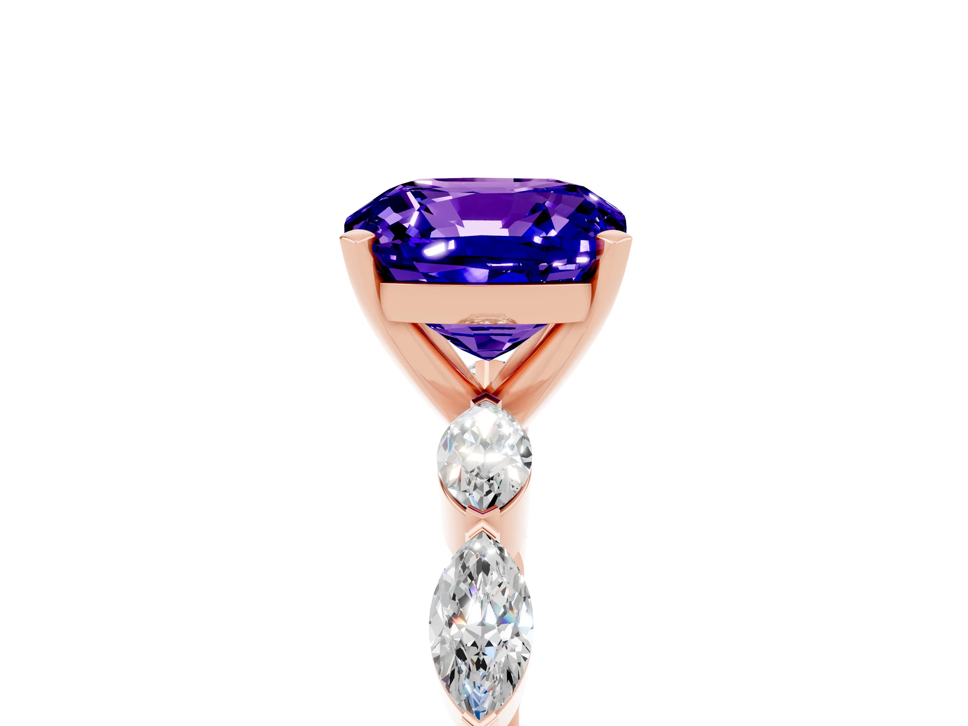 Rose gold Cushion Cut Tanzanite Ring with Marquise Side Stones and Prong Setting_5