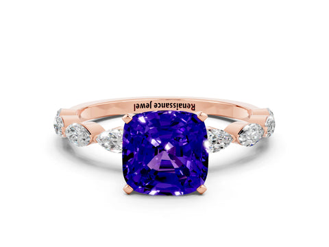 Rose gold Cushion Cut Tanzanite Ring with Marquise Side Stones and Prong Setting
