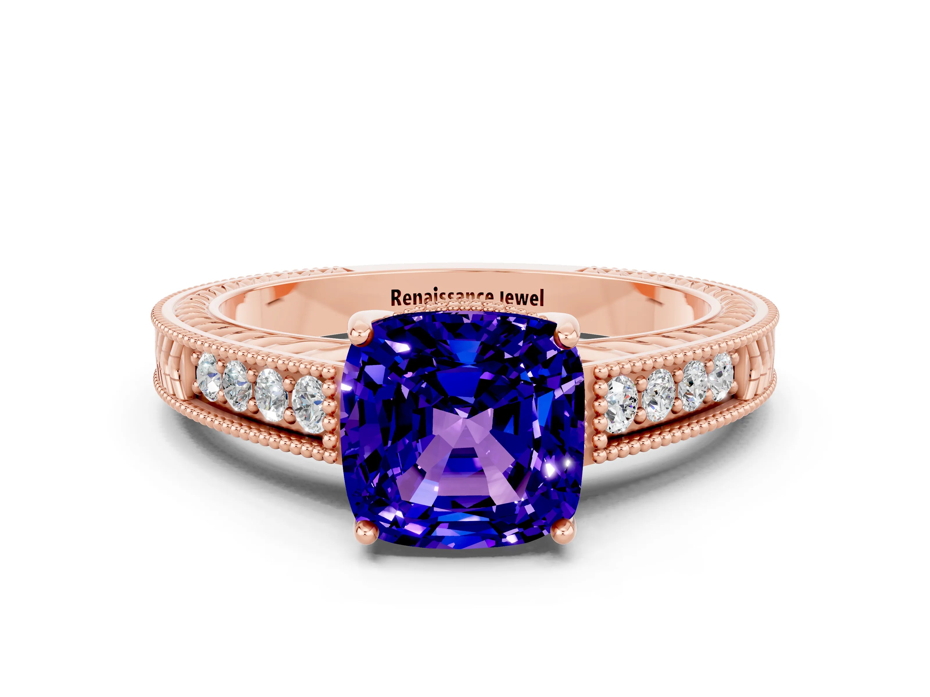 Rose gold Cushion Cut Tanzanite Ring with Milgrain Pavé Band and Four-Prong Setting_12