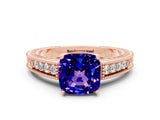Rose gold Cushion Cut Tanzanite Ring with Milgrain Pavé Band and Four-Prong Setting_12