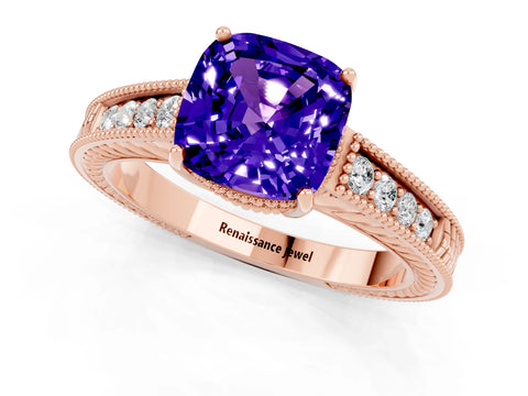 Rose gold Cushion Cut Tanzanite Ring with Milgrain Pavé Band and Four-Prong Setting_13