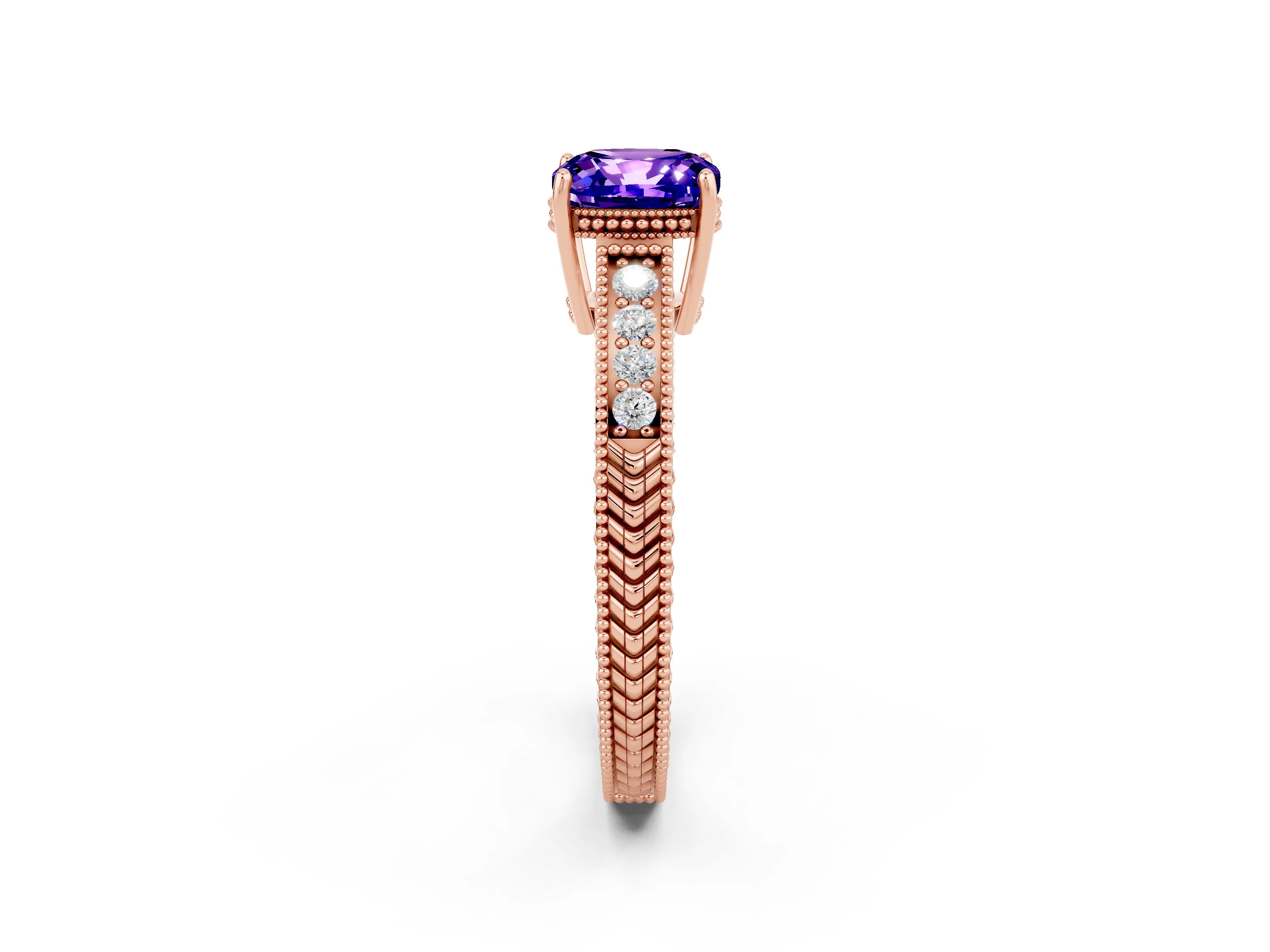 Rose gold Cushion Cut Tanzanite Ring with Milgrain Pavé Band and Four-Prong Setting_14