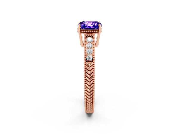 Rose gold Cushion Cut Tanzanite Ring with Milgrain Pavé Band and Four-Prong Setting