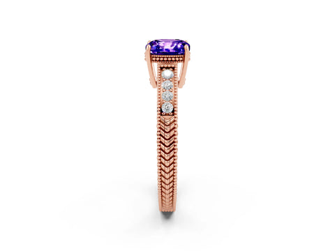 Rose gold Cushion Cut Tanzanite Ring with Milgrain Pavé Band and Four-Prong Setting_14