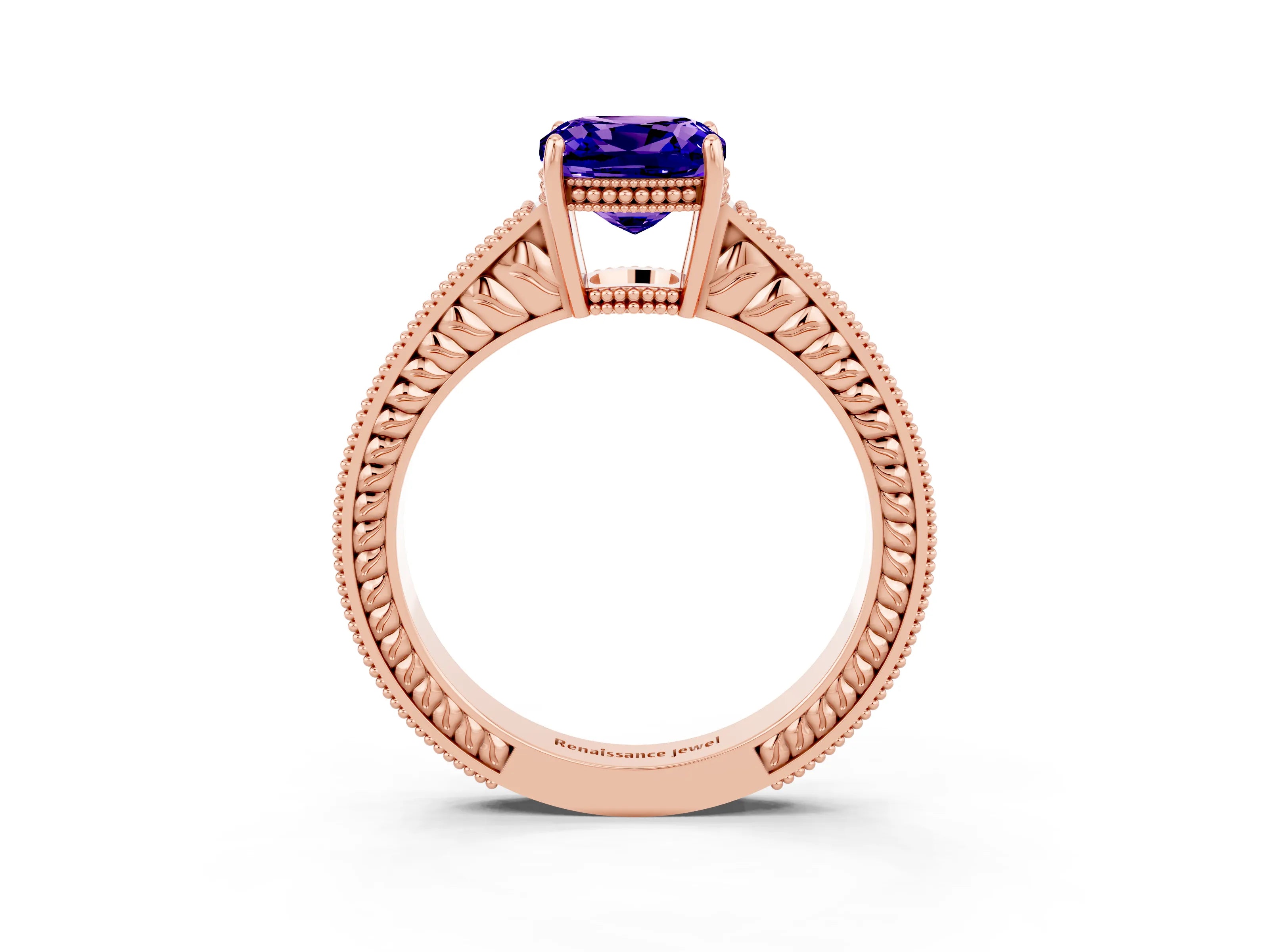 Rose gold Cushion Cut Tanzanite Ring with Milgrain Pavé Band and Four-Prong Setting_15