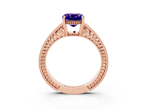 Rose gold Cushion Cut Tanzanite Ring with Milgrain Pavé Band and Four-Prong Setting
