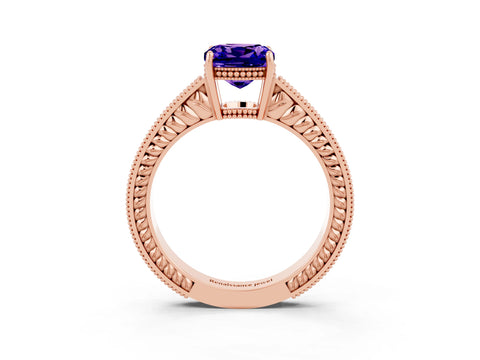 Rose gold Cushion Cut Tanzanite Ring with Milgrain Pavé Band and Four-Prong Setting_15