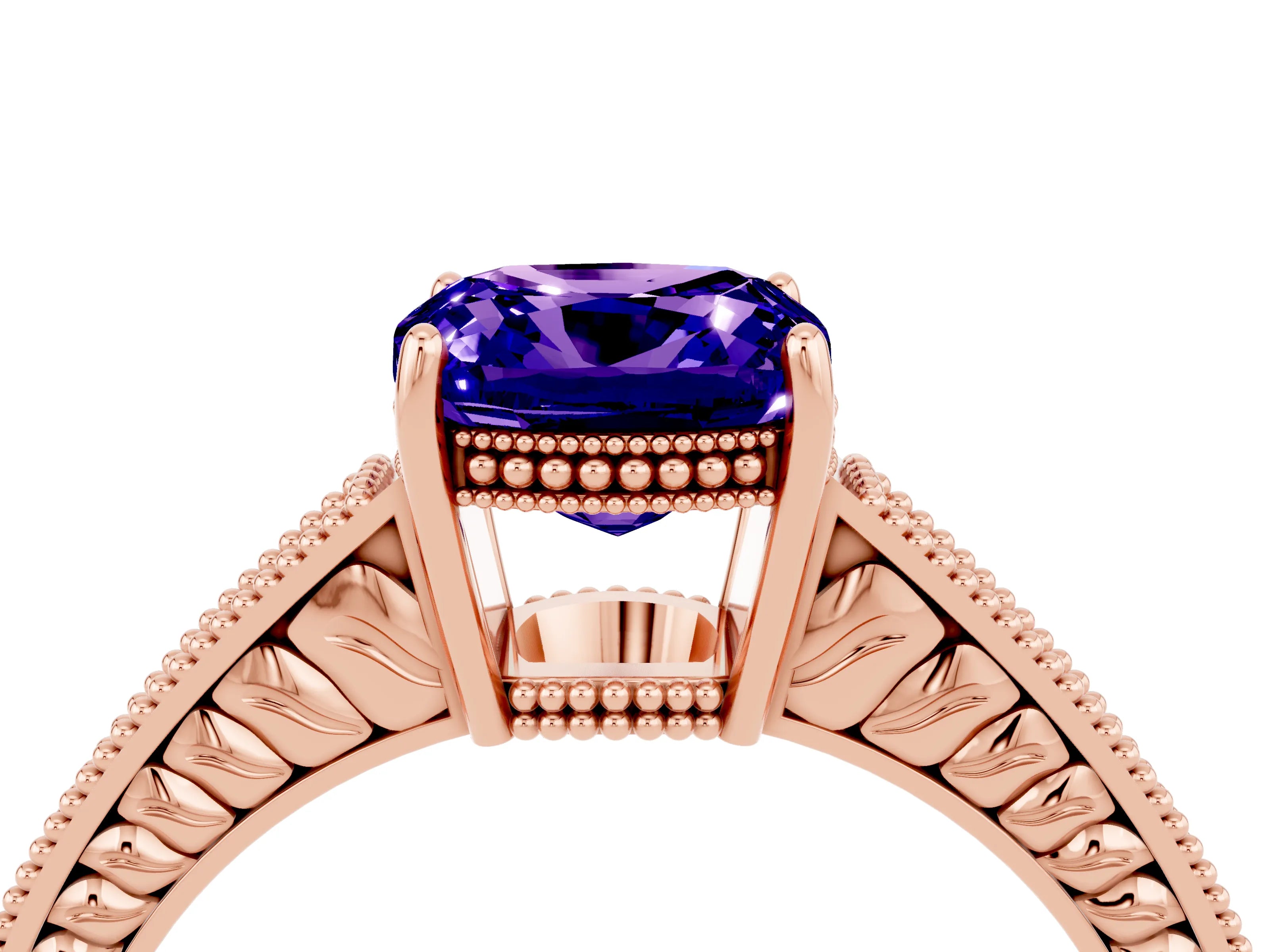 Rose gold Cushion Cut Tanzanite Ring with Milgrain Pavé Band and Four-Prong Setting_16