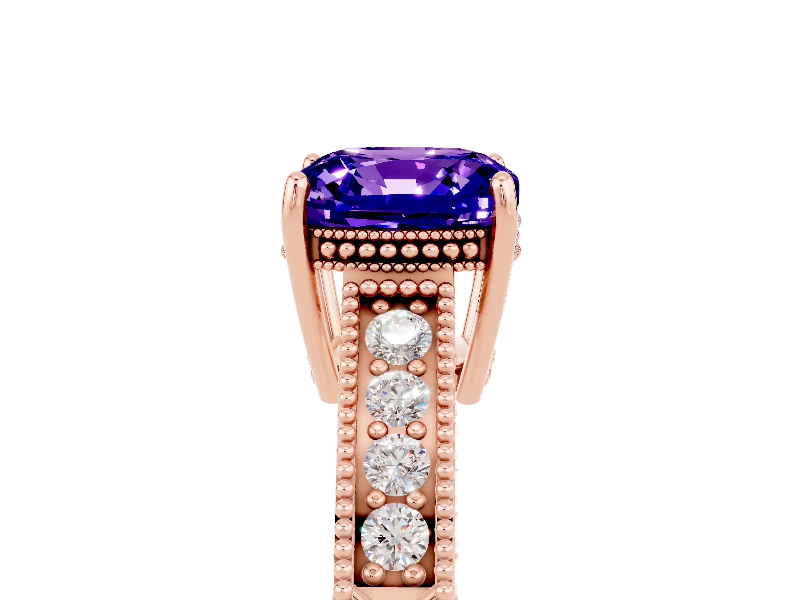 Rose gold Cushion Cut Tanzanite Ring with Milgrain Pavé Band and Four-Prong Setting_17