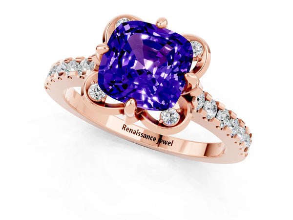 Rose gold Cushion Cut Tanzanite Ring with Pavé Band and Floral Prong Setting