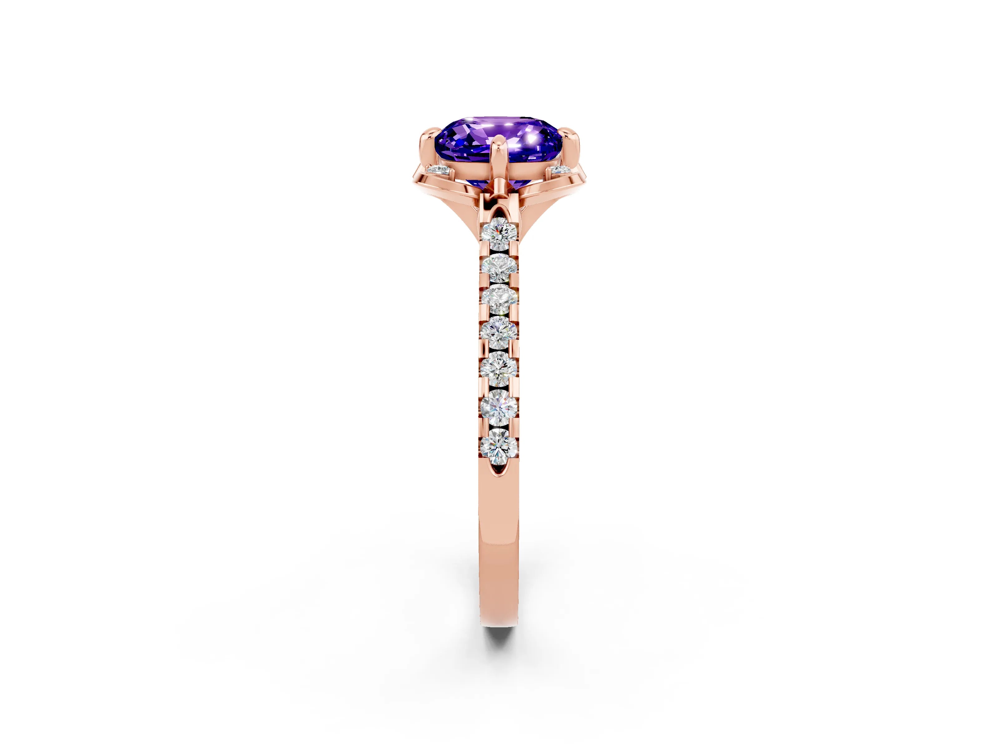 Rose gold Cushion Cut Tanzanite Ring with Pavé Band and Floral Prong Setting_2