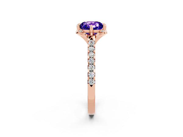 Rose gold Cushion Cut Tanzanite Ring with Pavé Band and Floral Prong Setting