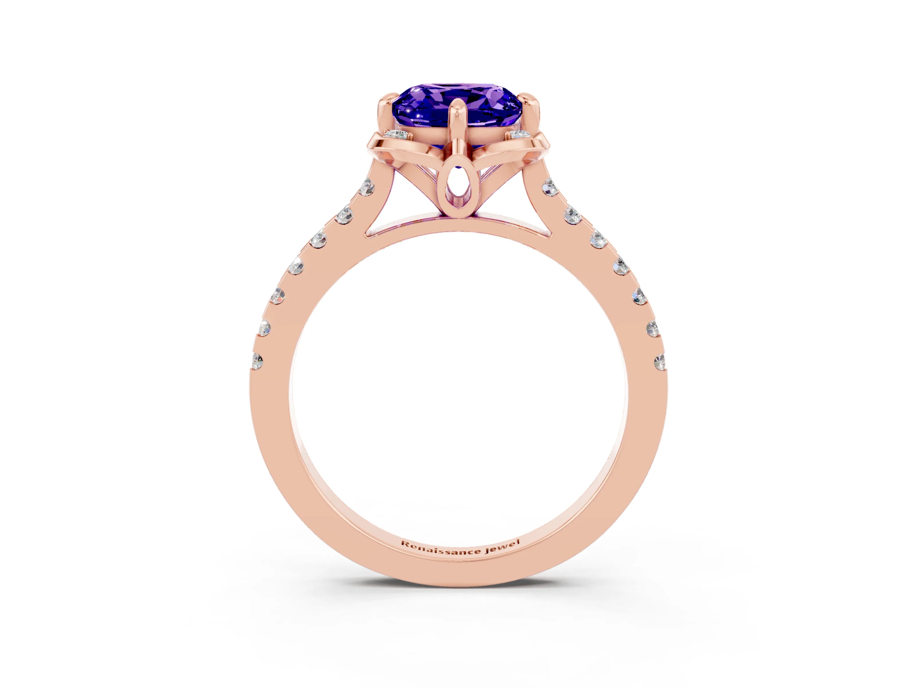 Rose gold Cushion Cut Tanzanite Ring with Pavé Band and Floral Prong Setting_3