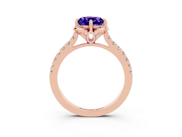 Rose gold Cushion Cut Tanzanite Ring with Pavé Band and Floral Prong Setting