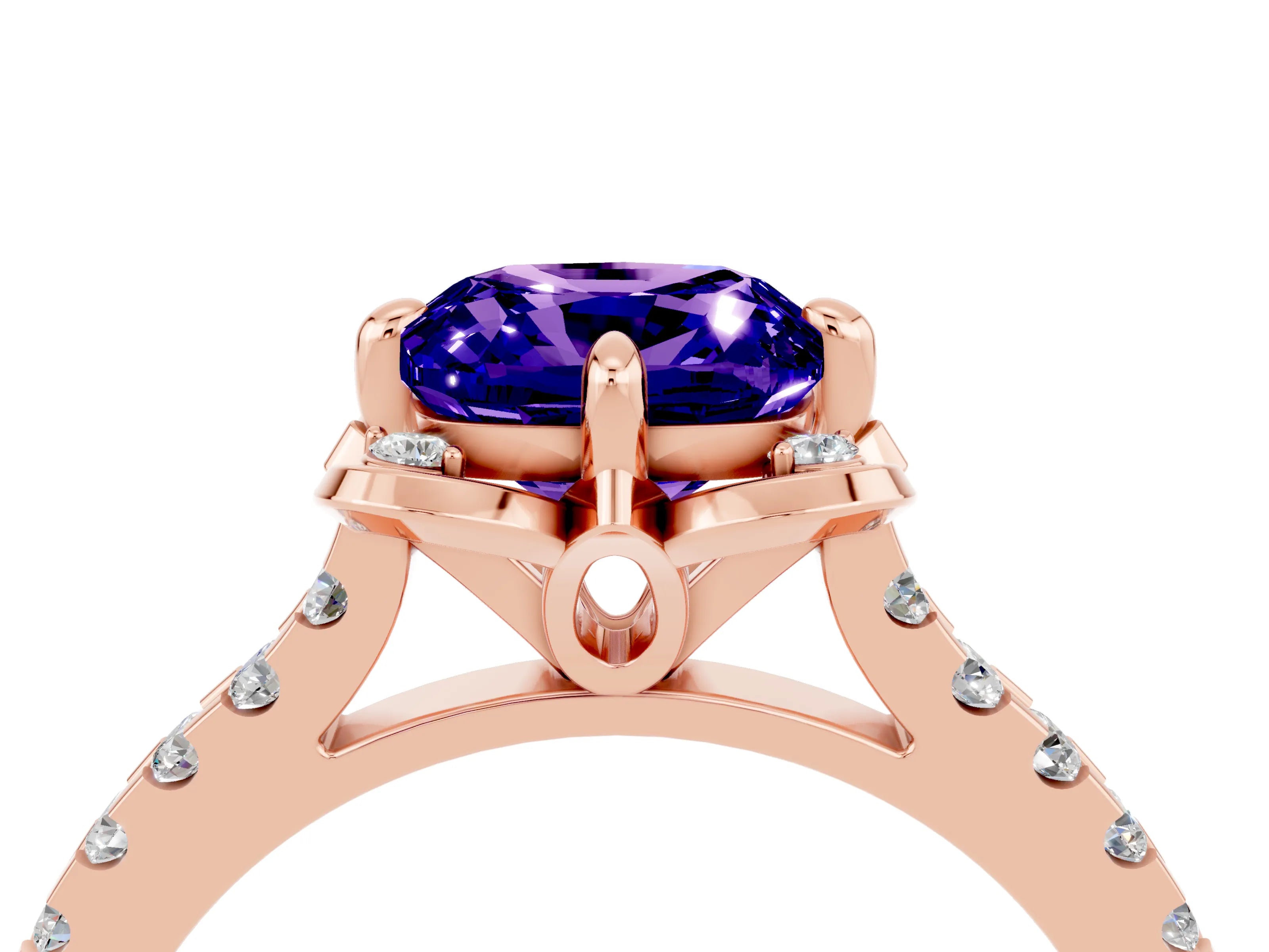 Rose gold Cushion Cut Tanzanite Ring with Pavé Band and Floral Prong Setting_4