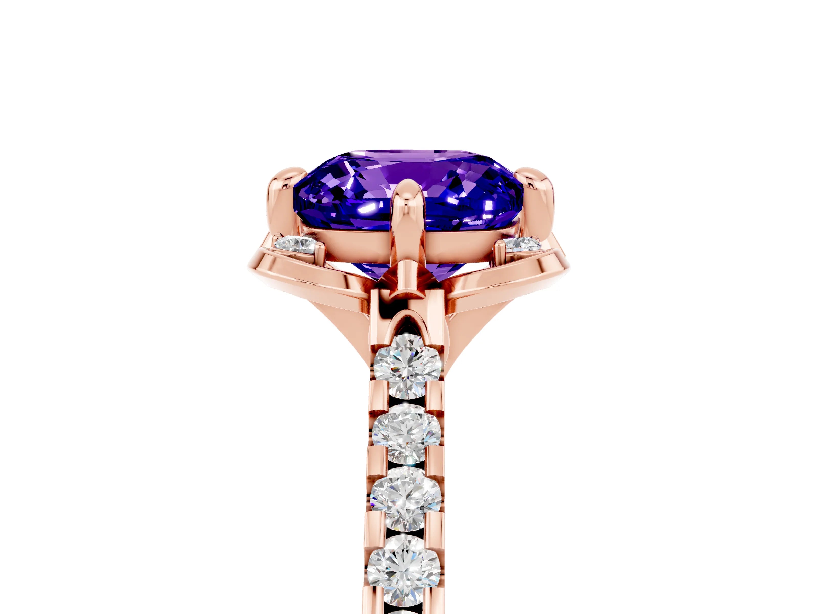 Rose gold Cushion Cut Tanzanite Ring with Pavé Band and Floral Prong Setting_5