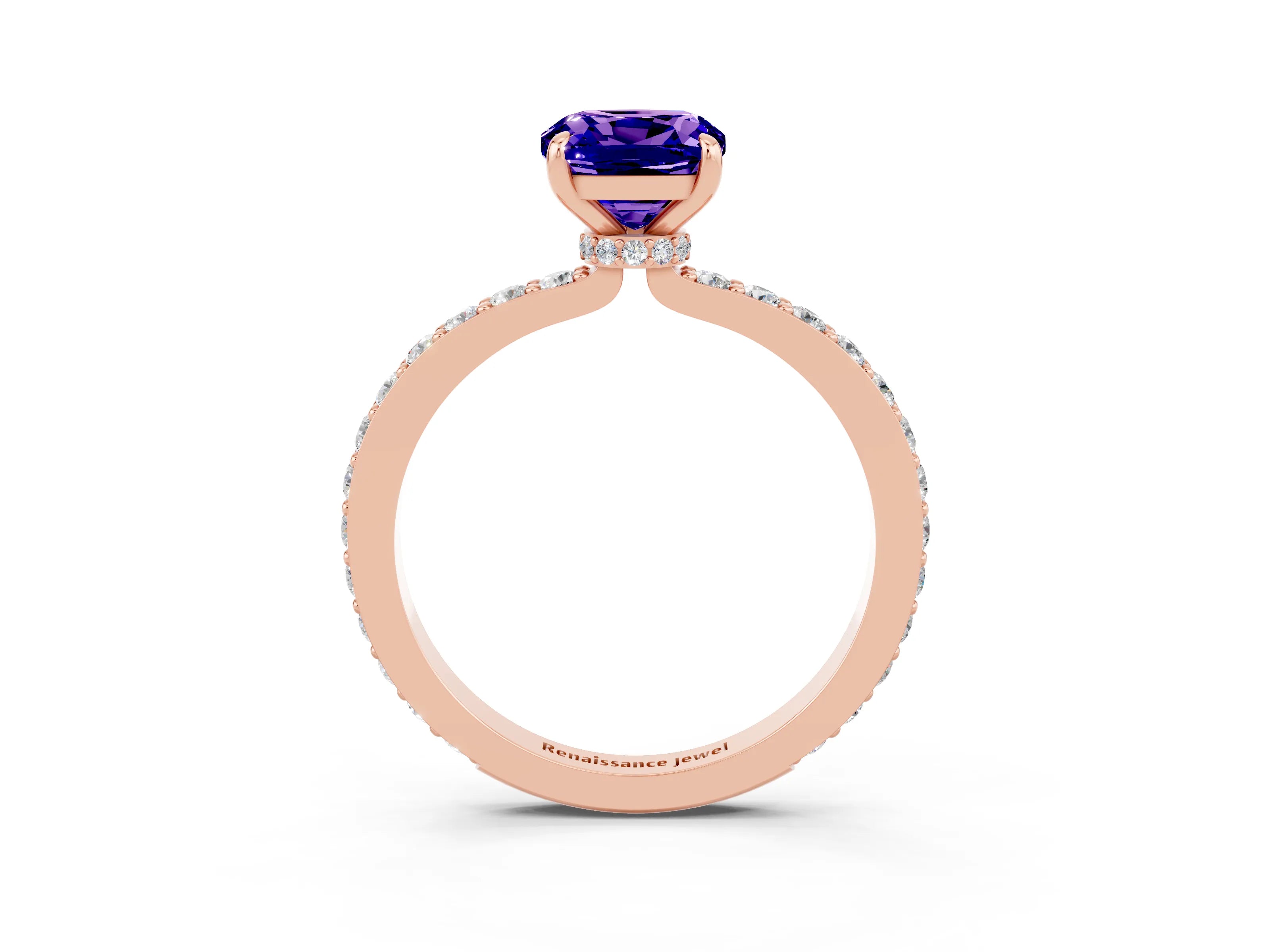 Rose gold Cushion Cut Tanzanite Ring with Pavé Band and Four-Prong Setting_3