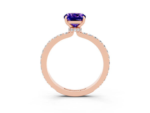 Rose gold Cushion Cut Tanzanite Pavé Engagement Ring with Round  Accents and Prong Setting