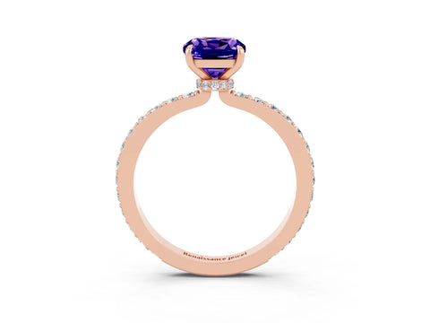 Rose gold Cushion Cut Tanzanite Ring with Pavé Band and Four-Prong Setting_3
