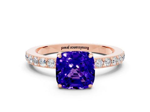 Rose gold Cushion Cut Tanzanite Ring with Pavé Band and Four-Prong Setting