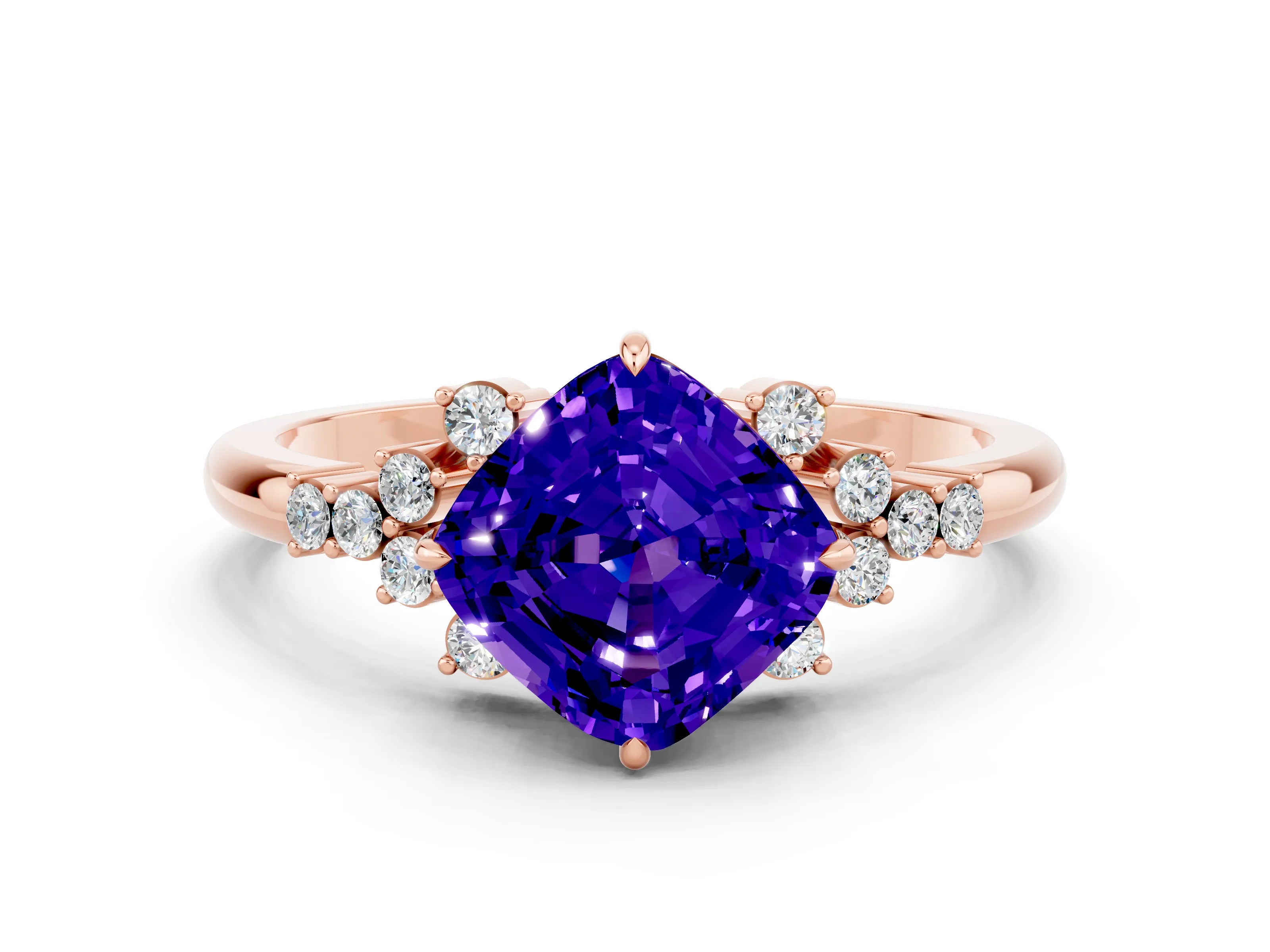 Rose gold Cushion Cut Tanzanite Ring with Side Stones and Four-Prong Setting_36
