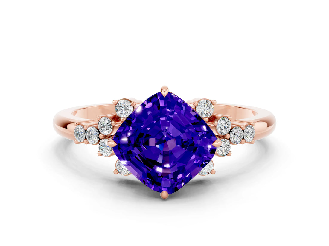 Rose gold Cushion Cut Tanzanite Ring with Side Stones and Four-Prong Setting_36