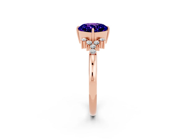Rose gold Cushion Cut Tanzanite Ring with Side Stones and Four-Prong Setting