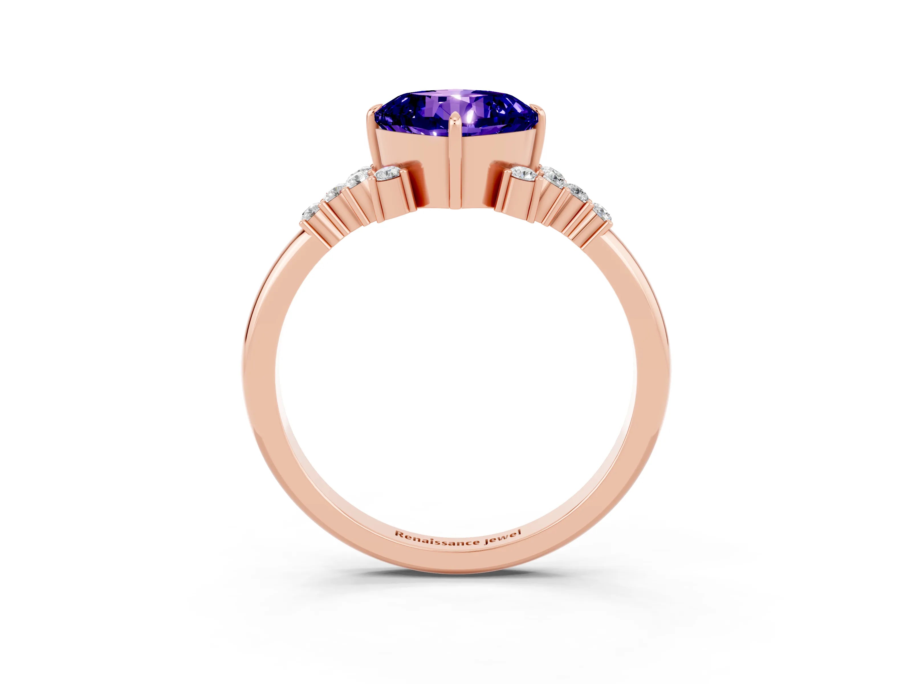 Rose gold Cushion Cut Tanzanite Ring with Side Stones and Four-Prong Setting_39