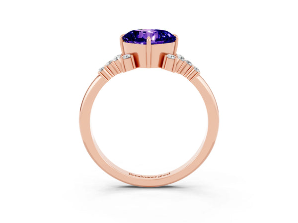 Rose gold Cushion Cut Tanzanite Ring with Side Stones and Four-Prong Setting