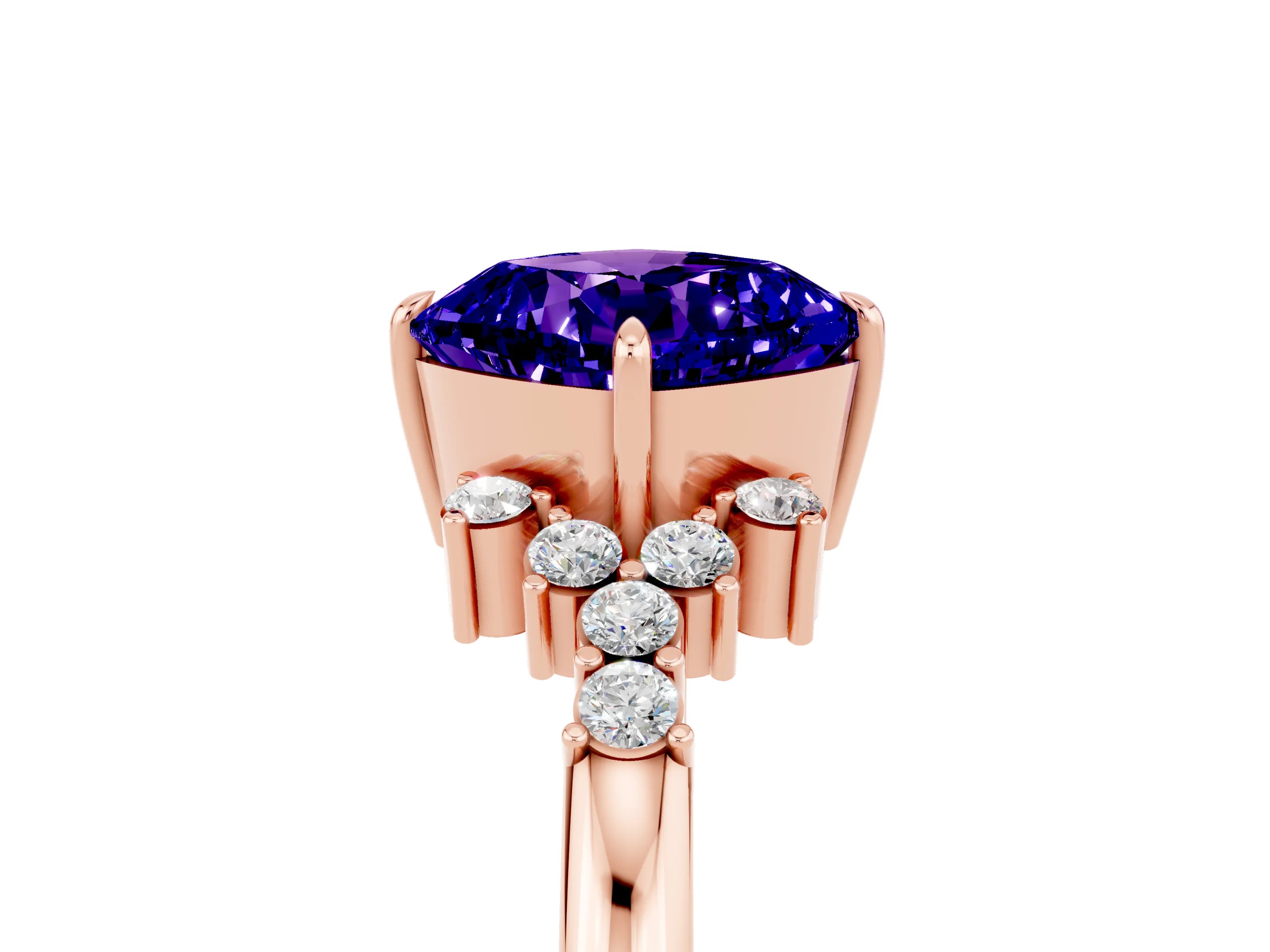 Rose gold Cushion Cut Tanzanite Ring with Side Stones and Four-Prong Setting_41