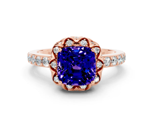 Rose gold Cushion Cut Tanzanite Scalloped Halo Engagement Ring with Round Shared Prong Band