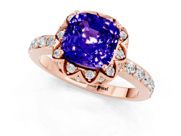Rose gold Cushion Cut Tanzanite Scalloped Halo Engagement Ring with Round Shared Prong Band