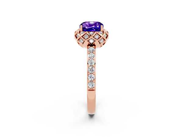 Rose gold Cushion Cut Tanzanite Scalloped Halo Engagement Ring with Round Shared Prong Band