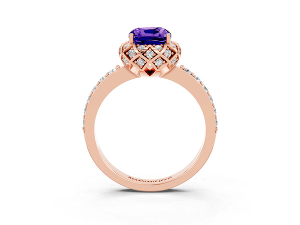 Rose gold Cushion Cut Tanzanite Scalloped Halo Engagement Ring with Round Shared Prong Band