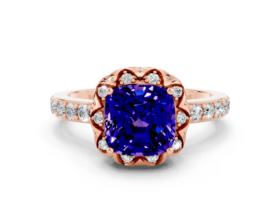 Rose gold Cushion Cut Tanzanite Scalloped Halo Engagement Ring with Round Shared Prong Band_24