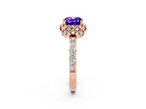 Rose gold Cushion Cut Tanzanite Scalloped Halo Engagement Ring with Round Shared Prong Band_26
