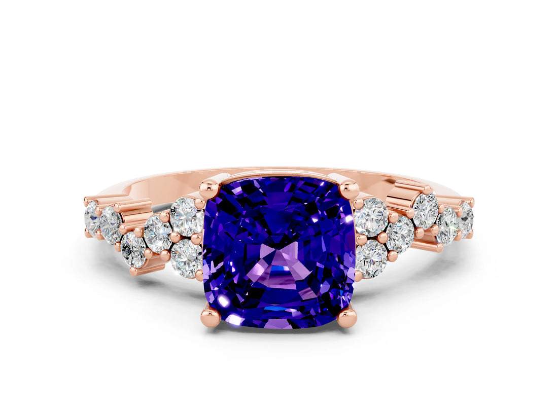 Rose gold Cushion Cut Tanzanite Scattered Round Accent Ring with Prong Setting_24