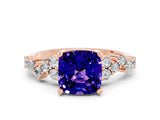 Rose gold Cushion Cut Tanzanite Scattered Round Accent Ring with Prong Setting_24